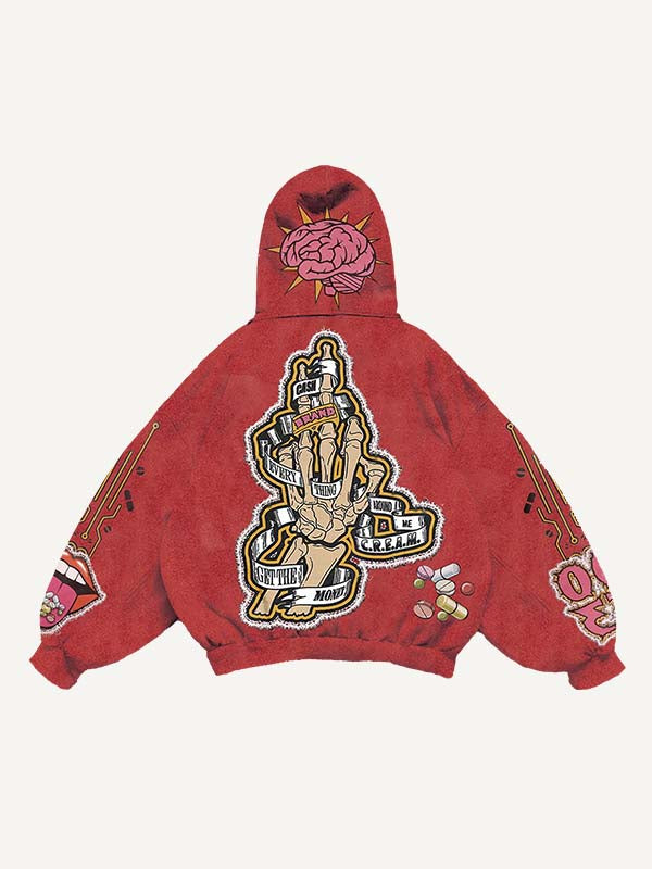 Skeleton Injection Medicine&Letter Faux Decal Print Slant Pockets Hoodie