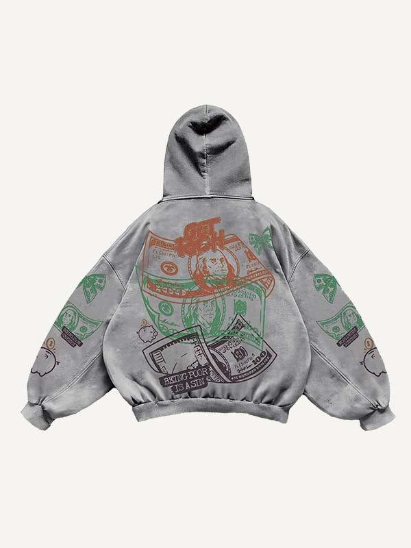 Money&Pig&Bow&Letter Print Slant Pockets Hoodie