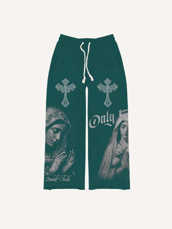 Mary&Pray&Cross&Letter Faux Rhinestones Print Elastic Waist Pants