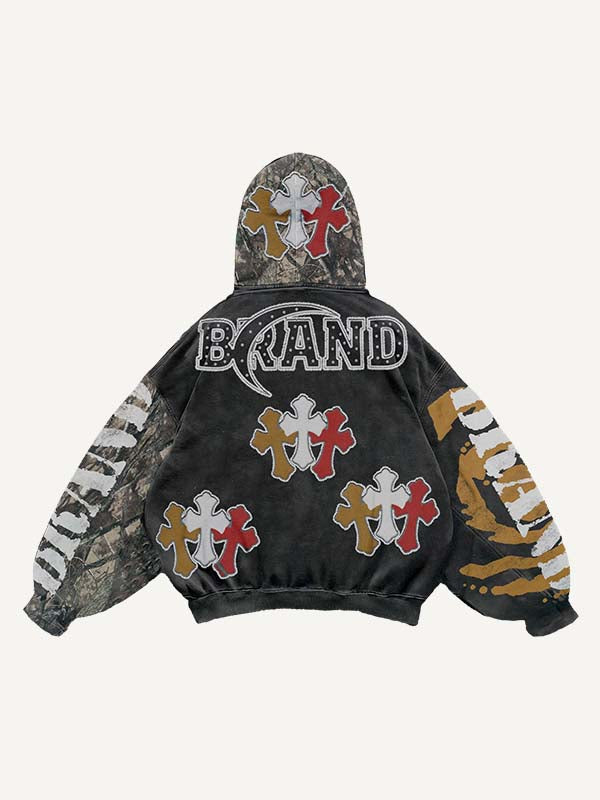 Cross&Letter&Branches Faux Decal Print Slant Pockets Hoodie