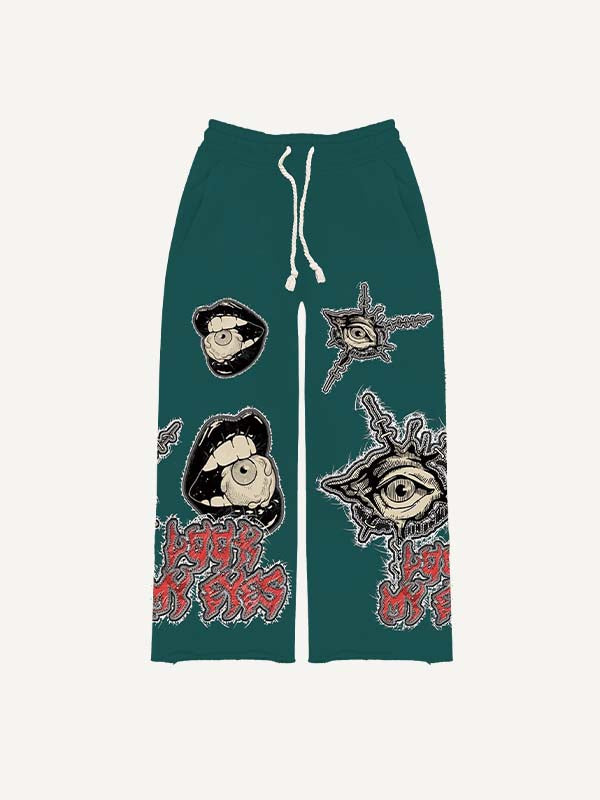 Mouth&Eye&Letter Faux Decal Print Elastic Waist Pants