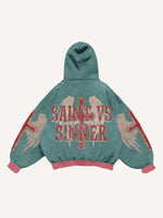 Demon&Figure&Cross&Wing&Letter Print Slant Pockets Hoodie