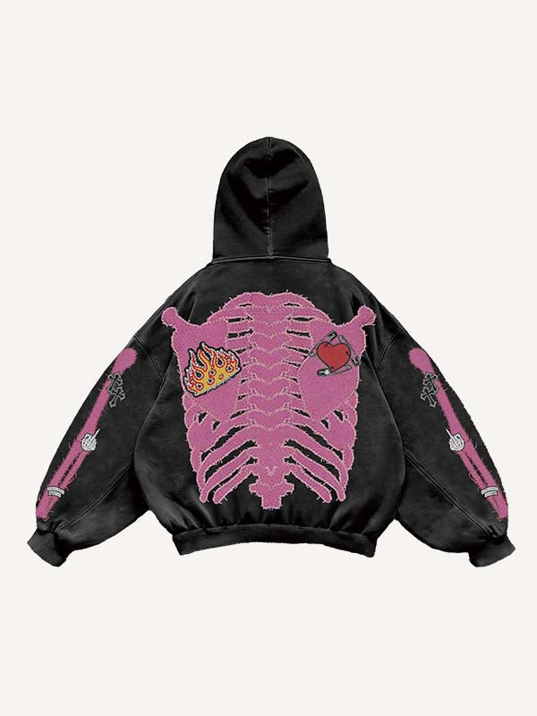 Skeleton&Heart&Cross&Gesture Faux Decal Print Slant Pockets Hoodie