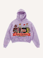 Distressed Washed Christmas Horror Print Slant Pockets Hoodie