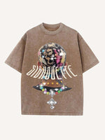 Distressed Washed Figure&Cross Print Round Neck T-shirt