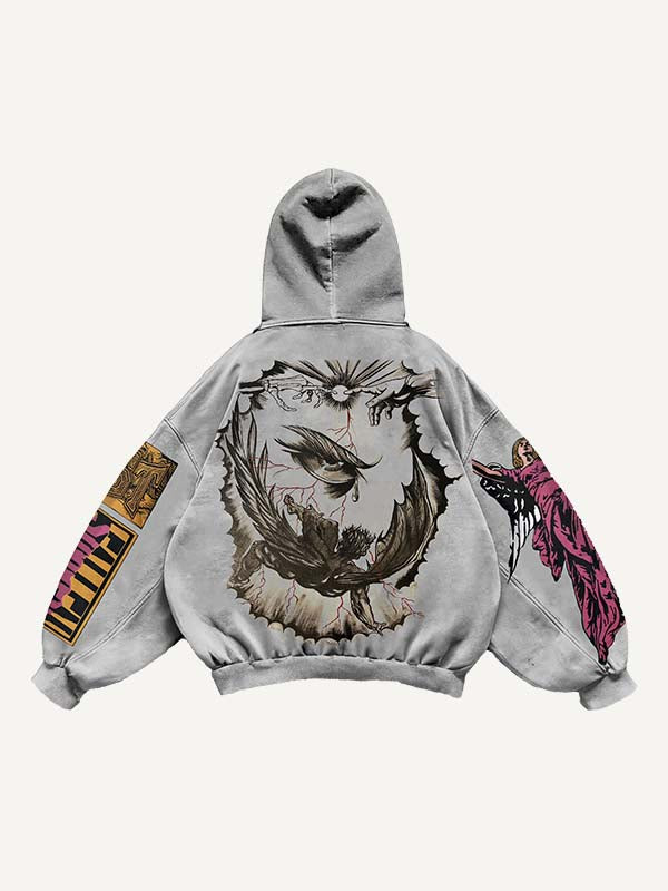 Figure&Wing&Eye&Palm&Graphic&Letter Print Slant Pockets Hoodie