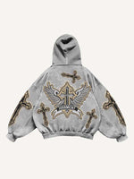 Cross&Wing Faux Decal Print Slant Pockets Hoodie
