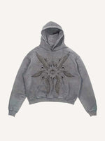 Distressed Washed Wing&Eye&Graphic Print Slant Pockets Hoodie