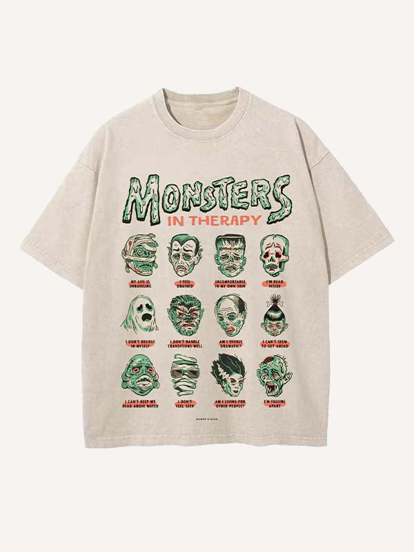 Distressed Washed Halloween Horror Print Round Neck T-shirt