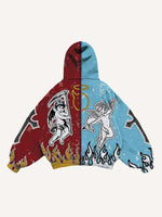 Colorblock Angel&Devil&Graphic&Letter Faux Decal Print Slant Pockets Hoodie