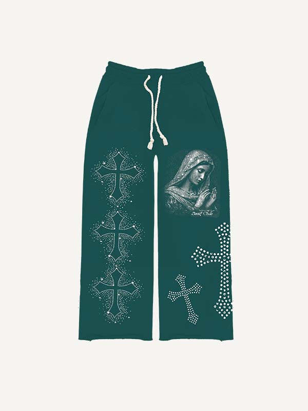 Mary&Cross Faux Rhinestones Print Elastic Waist Pants
