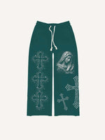 Mary&Cross Faux Rhinestones Print Elastic Waist Pants