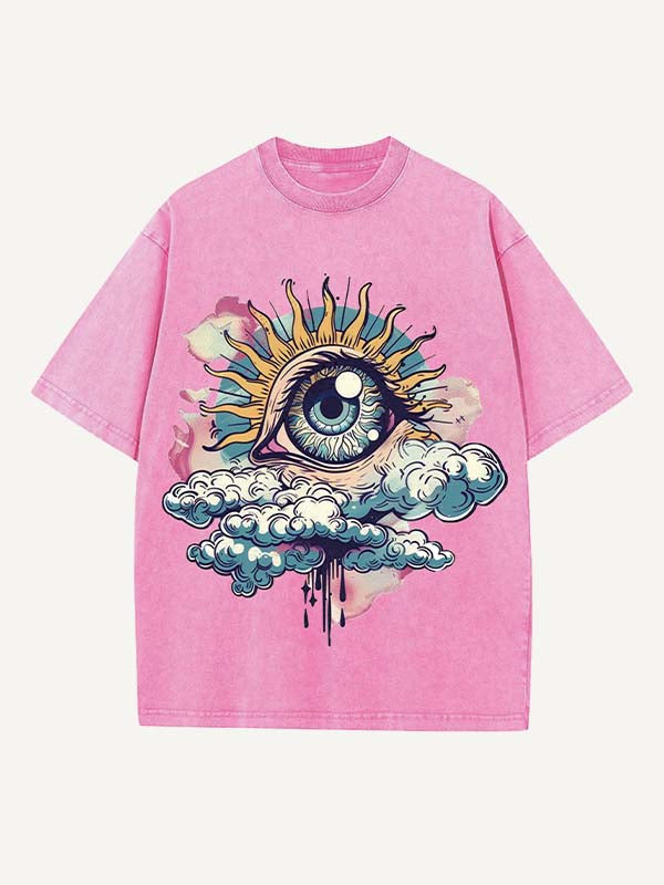 Distressed Washed Eye&Cloud Print Round Neck T-shirt