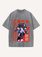 Distressed Washed Figure&Sword&Monsters&Letter Print Round Neck T-shirt