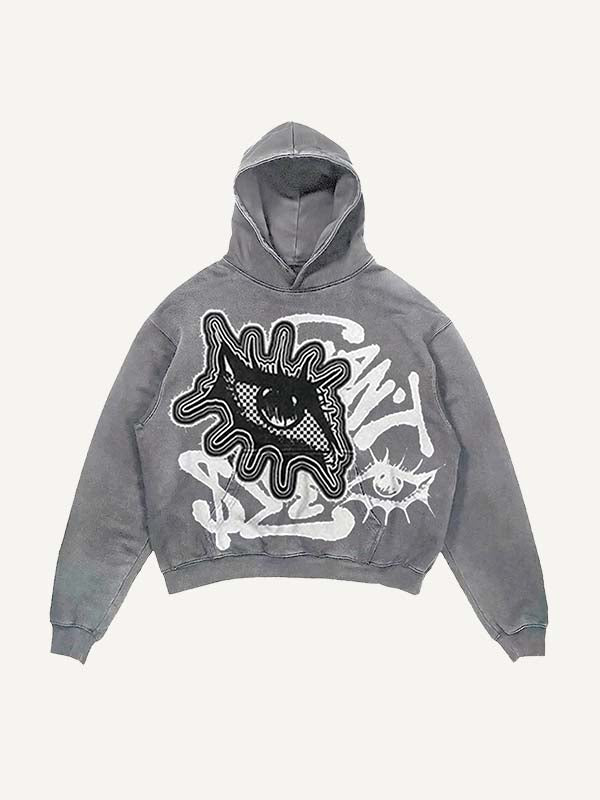 Distressed Washed Eye&Letter Faux Decal Print Slant Pockets Hoodie