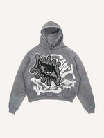 Distressed Washed Eye&Letter Faux Decal Print Slant Pockets Hoodie