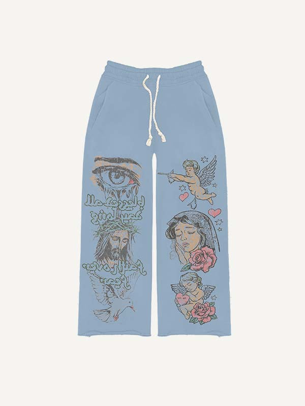 Jesus&Mary&Angel&Pigeon&Eye&Cross&Heart&Wing&Floral&Letter Print Elastic Waist Pants