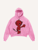 Distressed Washed Little Devil Heartbeat Faux Decal Print Slant Pockets Hoodie