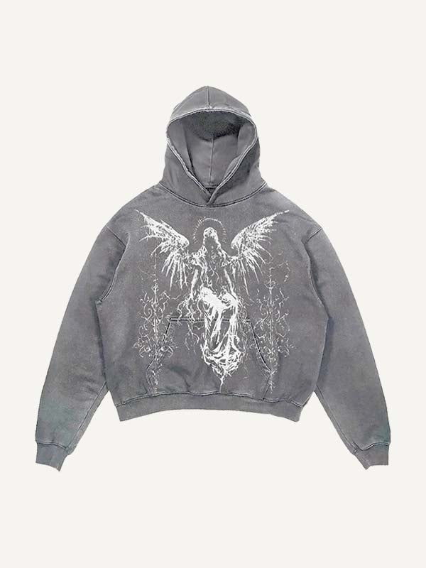 Distressed Washed Figure&Wing Graphic Print Slant Pockets Hoodie