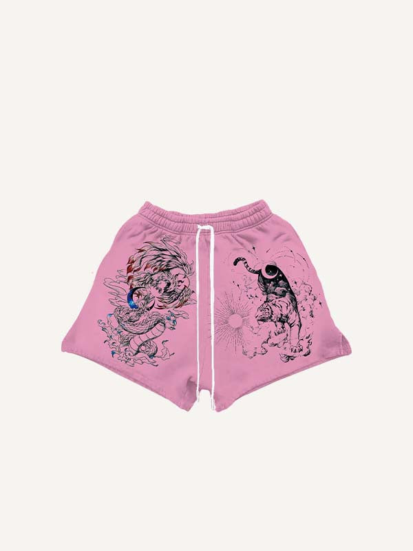 Tiger&Dragon&Phoenix&Sun&Moon Print Drawstring Waist Shorts