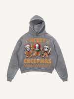Distressed Washed Christmas Horror Print Slant Pockets Hoodie