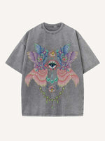Distressed Washed Eye&Wing Print Round Neck T-shirt