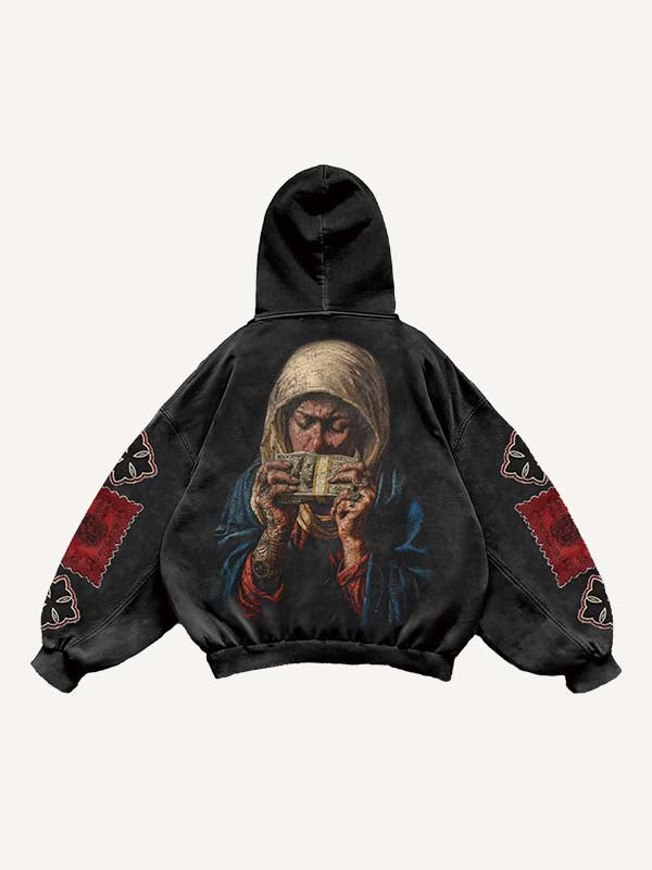 Figure&Money&Cross&Graphic&Letter Print Slant Pockets Hoodie