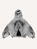 Palm&Eye Print Slant Pockets Hoodie