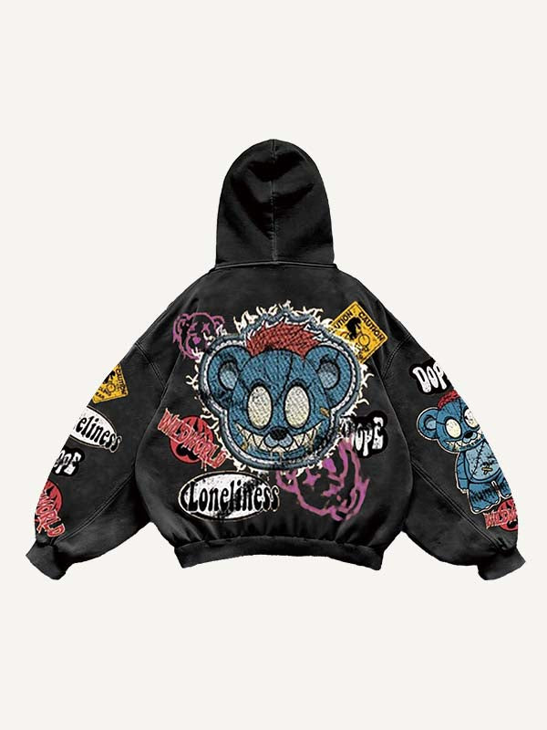 Bear&Graphic&Letter Faux Decal Print Slant Pockets Hoodie