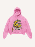 Distressed Washed Evil Moon&Sun&Star&Cloud Print Slant Pockets Hoodie