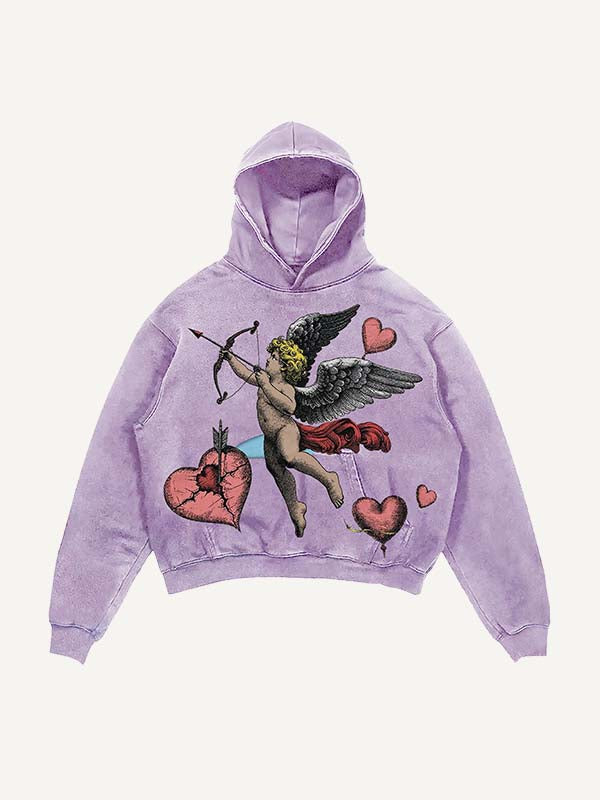 Distressed Washed Cupid&Heart Print Slant Pockets Hoodie