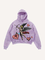 Distressed Washed Cupid&Heart Print Slant Pockets Hoodie