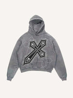 Distressed Washed Skull&Cross Faux Decal Print Slant Pockets Hoodie
