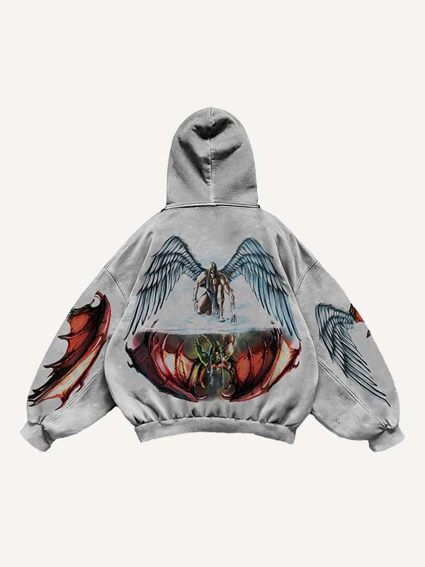 Half Angel Half Demon&Wing Print Slant Pockets Hoodie