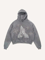 Distressed Washed Mary&Letter Pray Faux Rhinestones Print Slant Pockets Hoodie