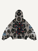 Leopard Print&Cloud&Graphic Faux Decal Print Slant Pockets Hoodie