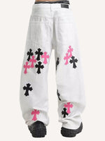 Cross Patch Embroidered Straight Jeans
