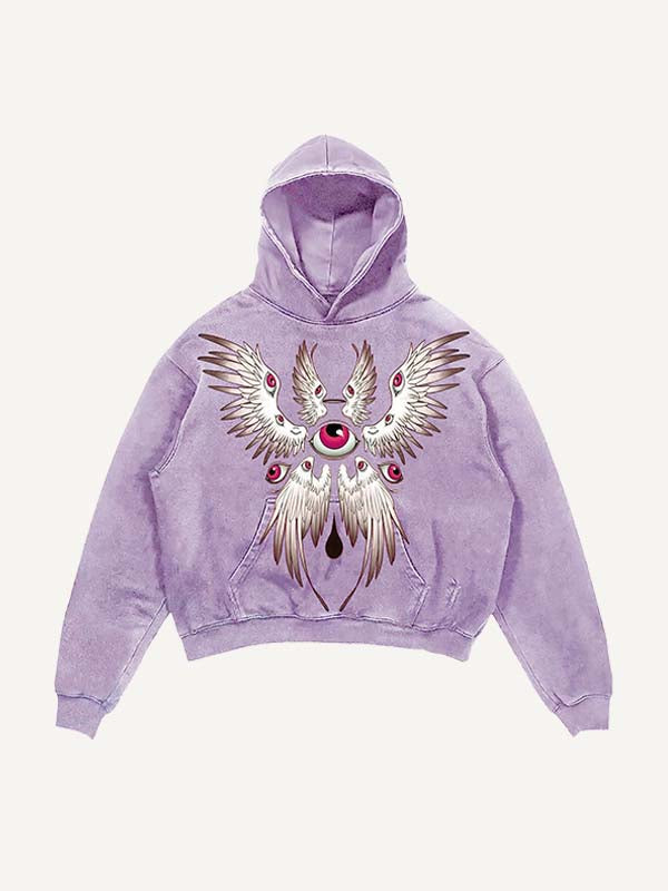 Distressed Washed Wing&Eye&Graphic Print Slant Pockets Hoodie