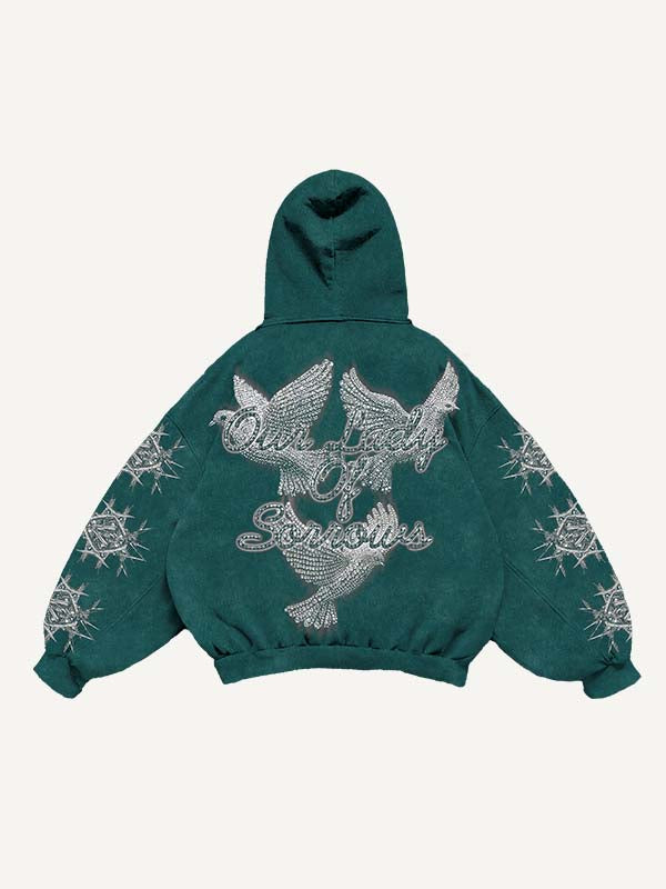 Jesus&Pigeon&Letter Faux Rhinestones Print Slant Pockets Hoodie