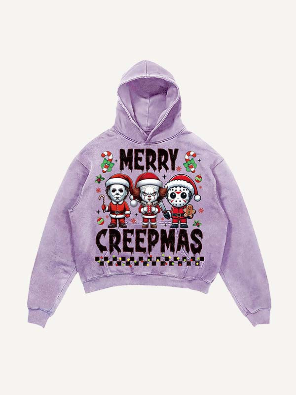Distressed Washed Christmas Horror Print Slant Pockets Hoodie