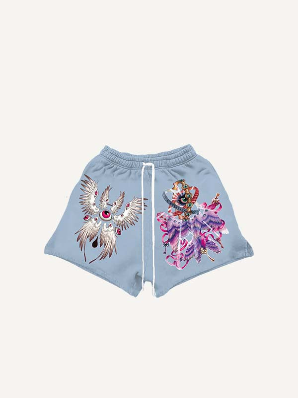 Eye&Wing&Graphic Print Drawstring Waist Shorts