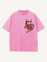 Distressed Washed Figure&Graphic Print Round Neck T-shirt