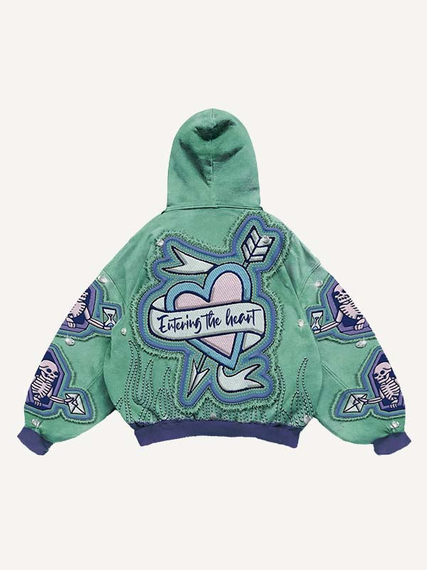 Heart&Sword&Arrow&Skeleton&Letter&Fire Faux Rhinestones Print Faux Decal Print Slant Pockets Hoodie