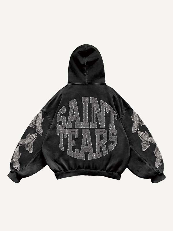 Mary&Pray&Letter Faux Rhinestones Print Slant Pockets Hoodie