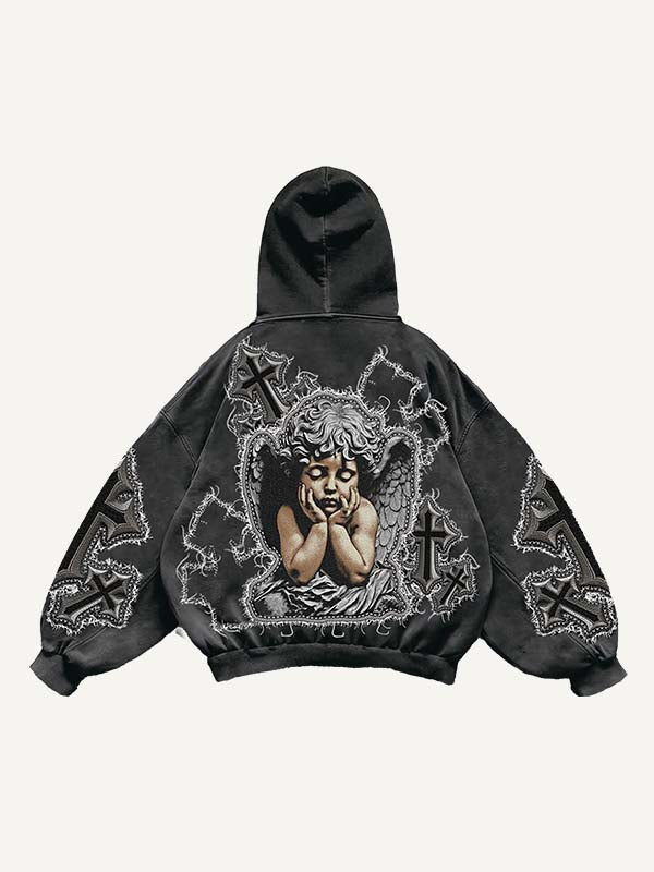 Cross&Angel&Wing&Letter Faux Decal Print Slant Pockets Hoodie