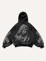 Mary&Pray&Cross&Letter Faux Rhinestones Print Slant Pockets Hoodie