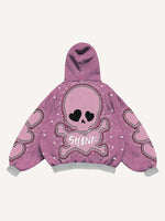 Skull&Heart&Letter Faux Rhinestones Print Faux Decal Print Slant Pockets Hoodie
