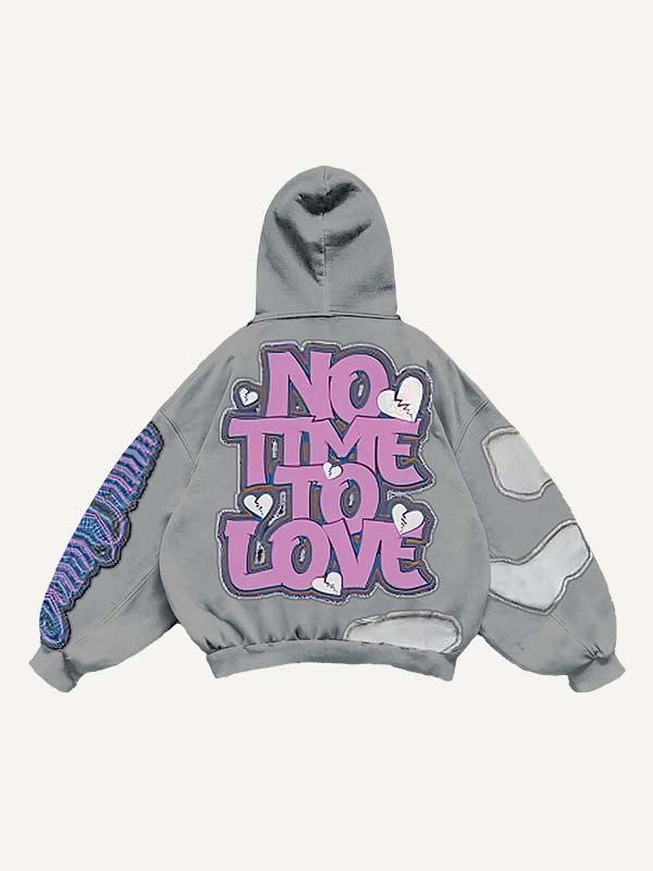 No Time To Love&Heart Faux Decal Print Slant Pockets Hoodie