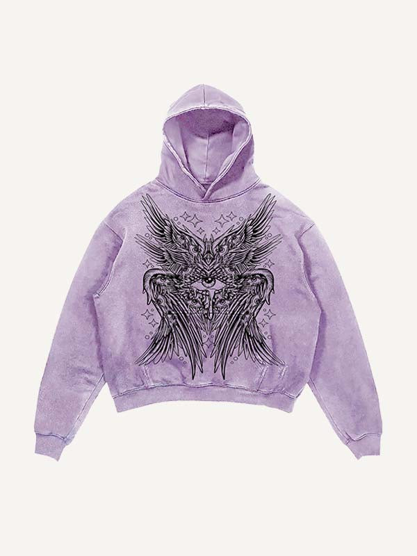 Distressed Washed Wing&Eye&Tears&Graphic Print Slant Pockets Hoodie
