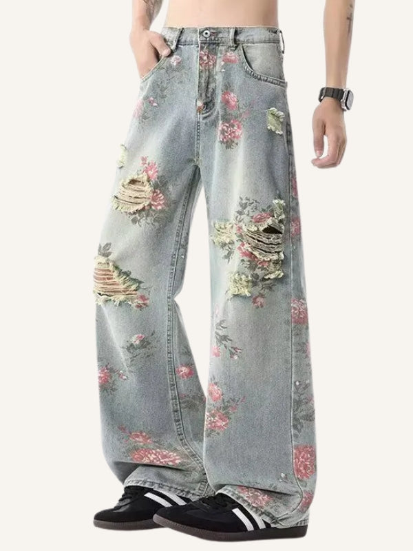 Rose Print Hole Straight Jeans